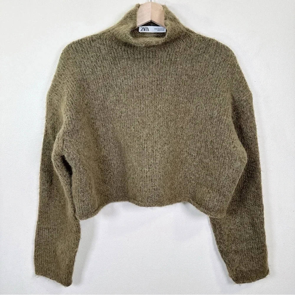 Zara Womens Size Medium Dark Olive Cropped Tunnel Knit Sweater - Picture 5 of 14